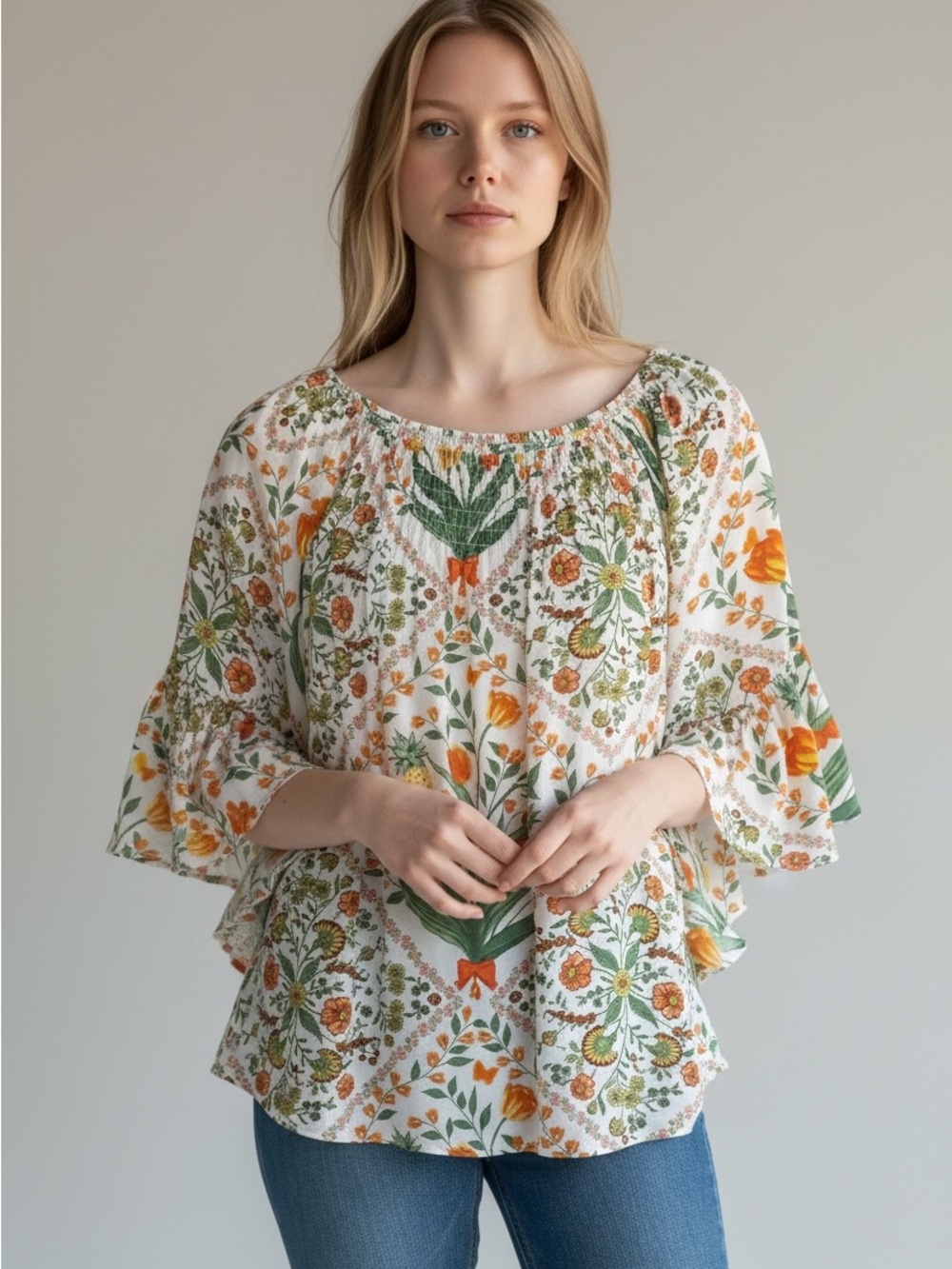 Cato White Floral Peasant Blouse with Green & Orange